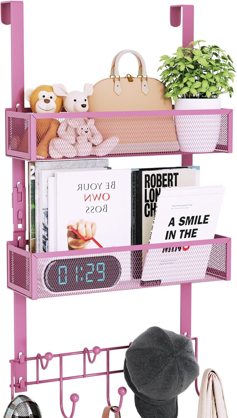 Consumest Over The Door Hooks Organizer - Extra Long Door Hanger with 9 Coat Hooks & 2 Mesh Basket, Back Storage Organizer Hanging Towels for Bathroom, Bedroom - Pink (for 1.76 in Doors) - Image 1